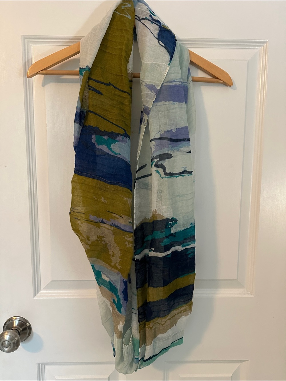 Lightweight Abstract Print Infinity Scarf in Olive & Teal and Blues